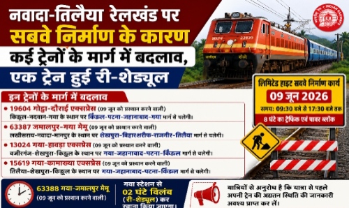 नवादा-तिलैया रेलखंड पर सबवे निर्माण के कारण कई ट्रेनों के मार्ग में बदलाव, एक ट्रेन हुई री-शेड्यूल