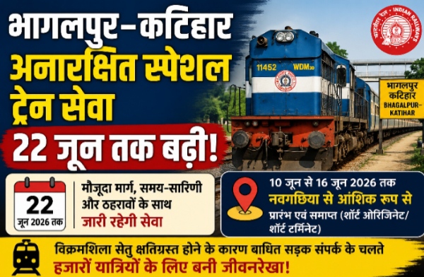 भागलपुर–कटिहार अनारक्षित स्पेशल ट्रेन सेवा 22 जून तक बढ़ी, यात्रियों को बड़ी राहत