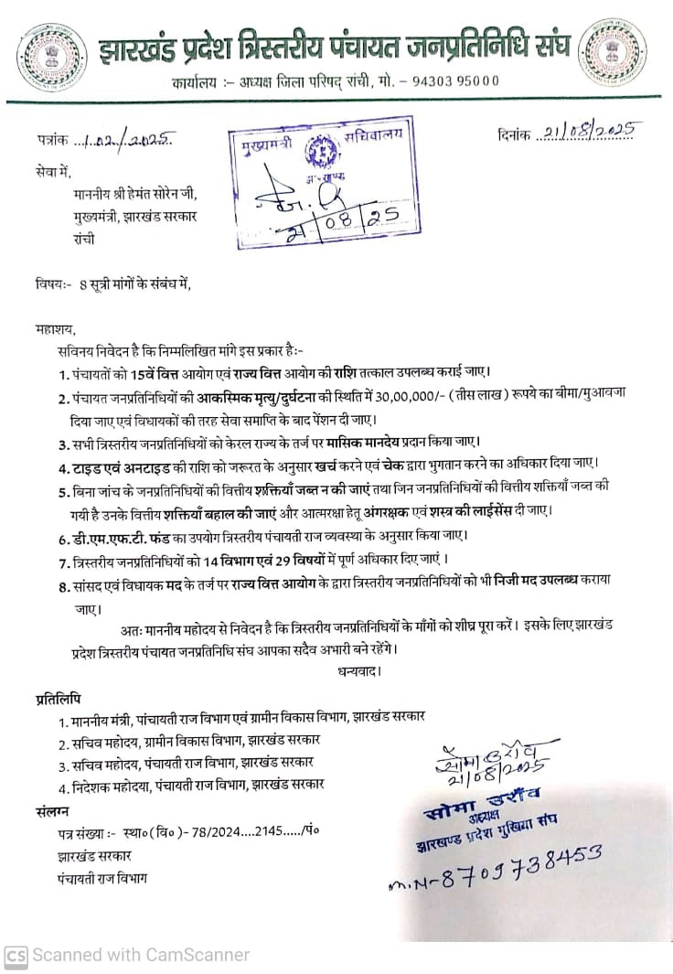 झारखंड पंचायत प्रतिनिधि ने 8 सूत्री मांगों को लेकर राज्यपाल और मुख्यमंत्री को सौपा पत्र
